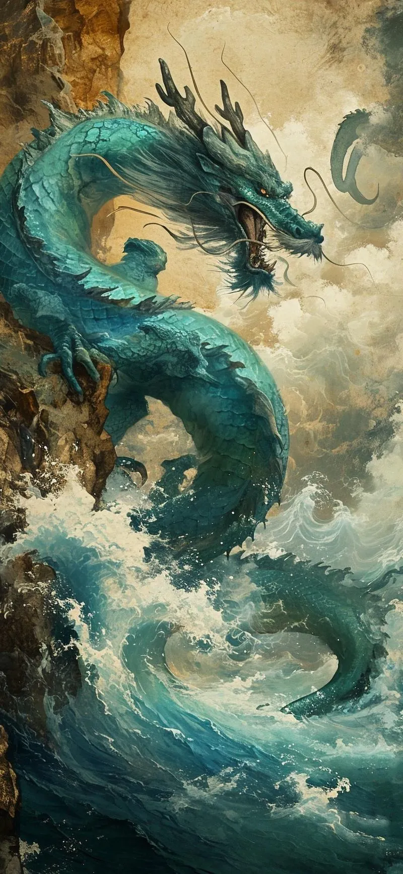 Hình nền 4K rồng xanh lướt trên sóng và mây, màu mát mắt, hợp dùng lâu không chán