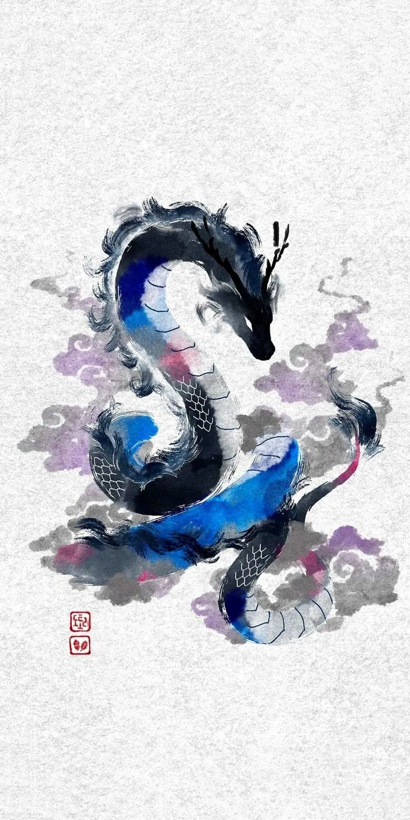 Ảnh nền rồng xanh kiểu nét mực tối giản, nền trắng thoáng, hợp hình nền điện thoại 4K