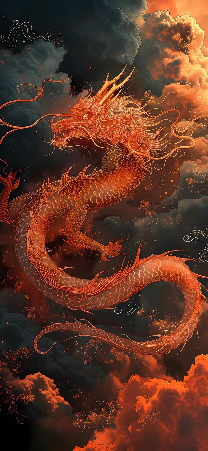 Hình nền rồng đỏ lửa cuộn trong khói tối, tương phản mạnh, nhìn ngầu và bốc, chuẩn 4K