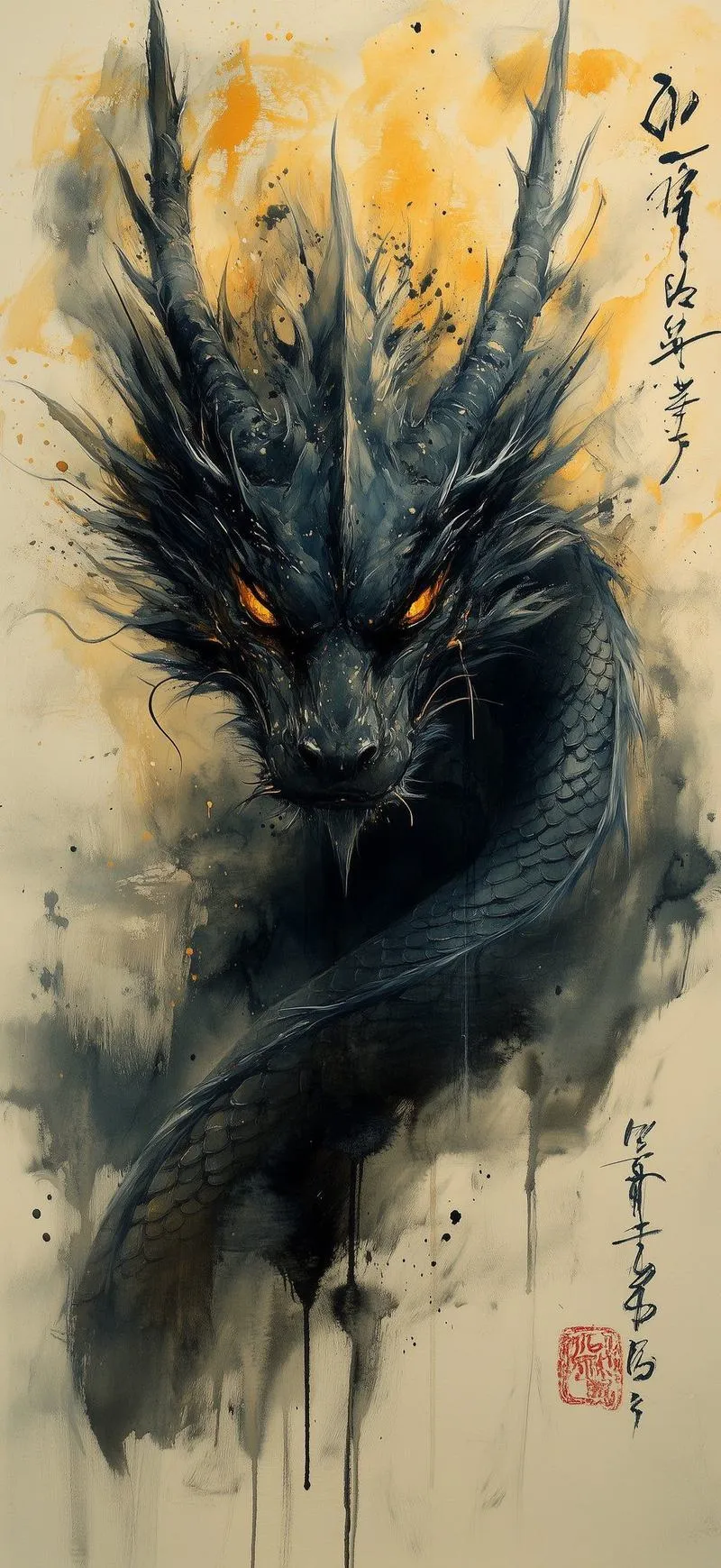 Ảnh nền đầu rồng xanh xám dạng tranh thủy mặc, nét loang đẹp, hợp tải ảnh 4K