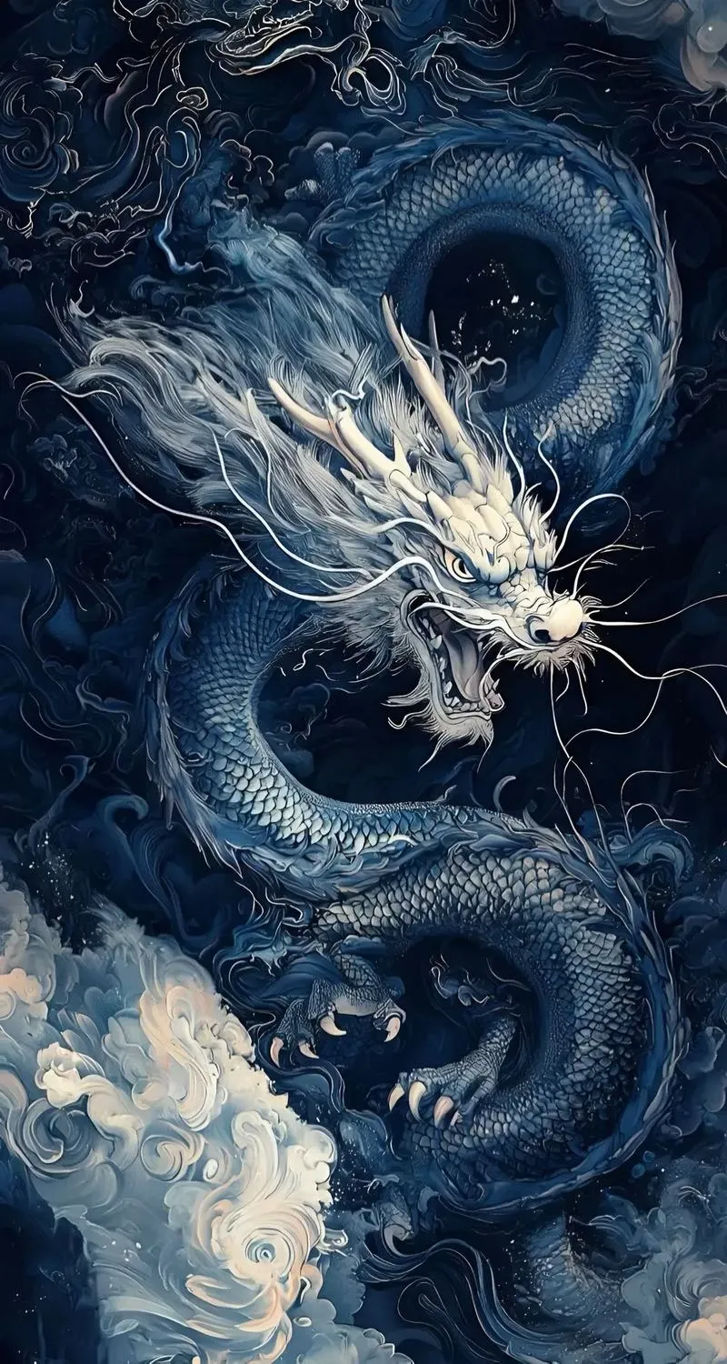 Hình nền 4K rồng xanh bạc lao qua biển đêm, ánh sáng lạnh, cho điện thoại nhìn cực ngầu