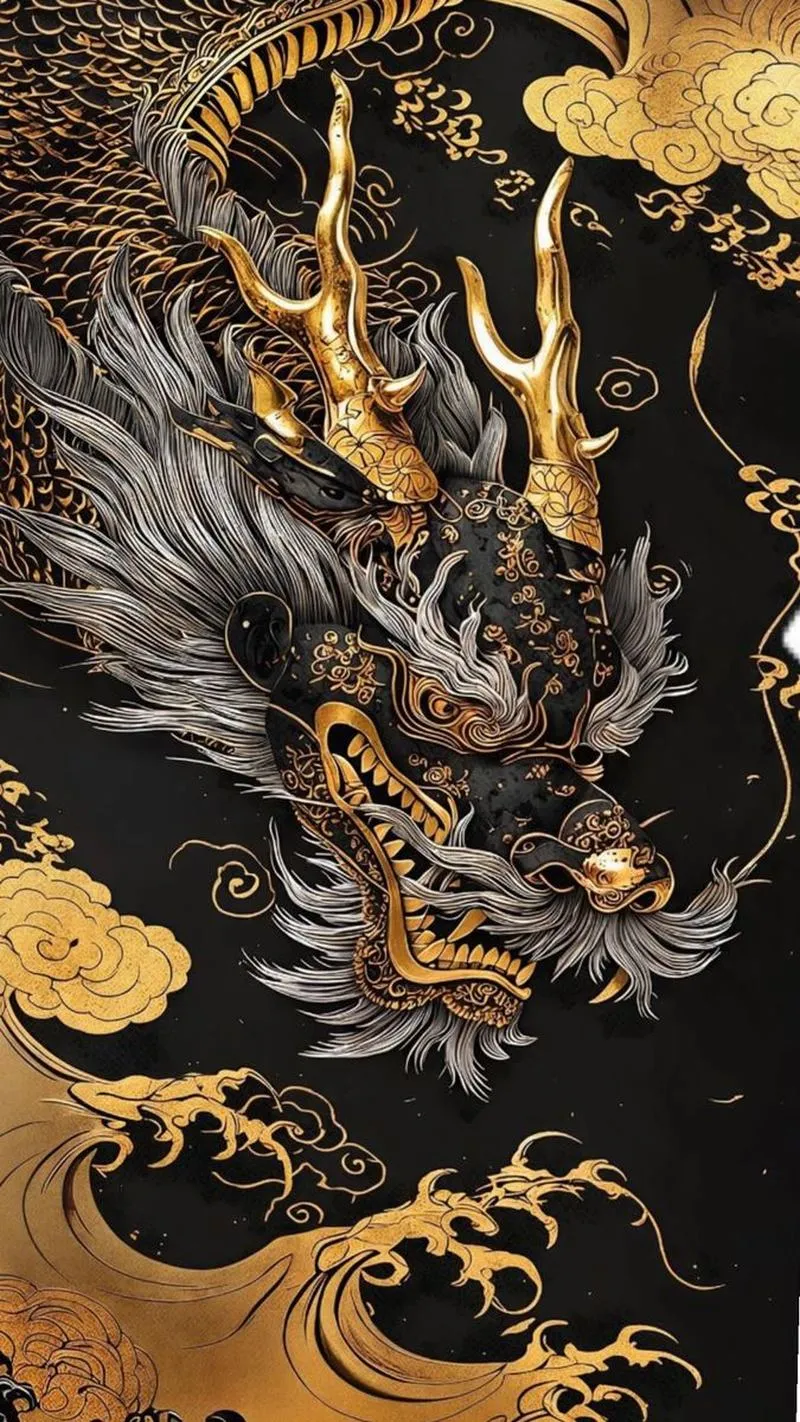 Ảnh nền rồng đen vàng dữ dội, cận mặt và sừng, chi tiết nét căng, đẹp kiểu 4K