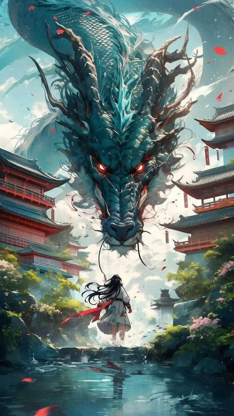 Hình nền 4K rồng xanh trước cổng đền, có nhân vật nhỏ, cảm giác huyền ảo và uy nghi