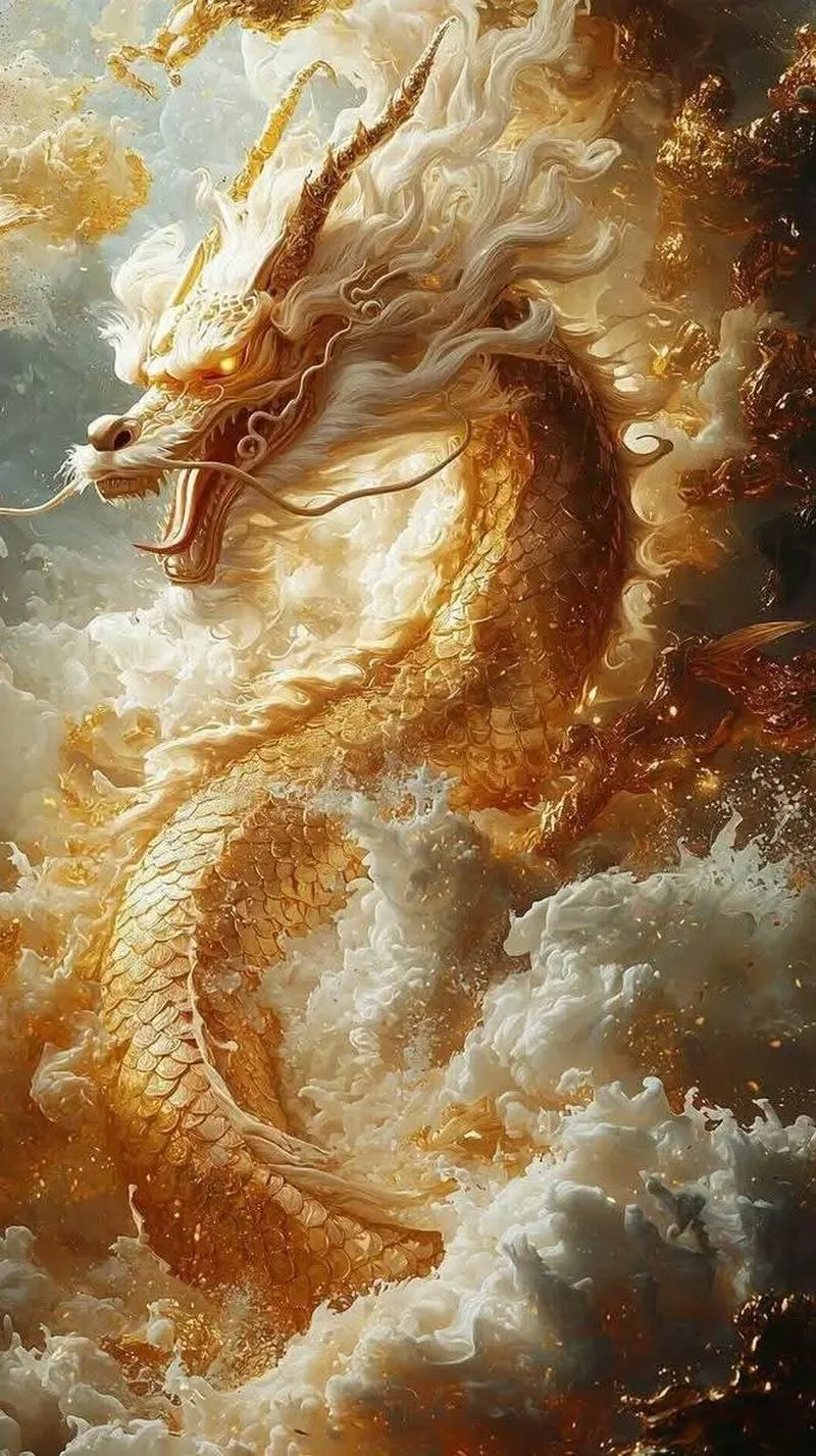 Ảnh nền rồng vàng giữa sương mây, ánh sáng ấm, hợp hình nền điện thoại đẹp kiểu phong thủy 4K