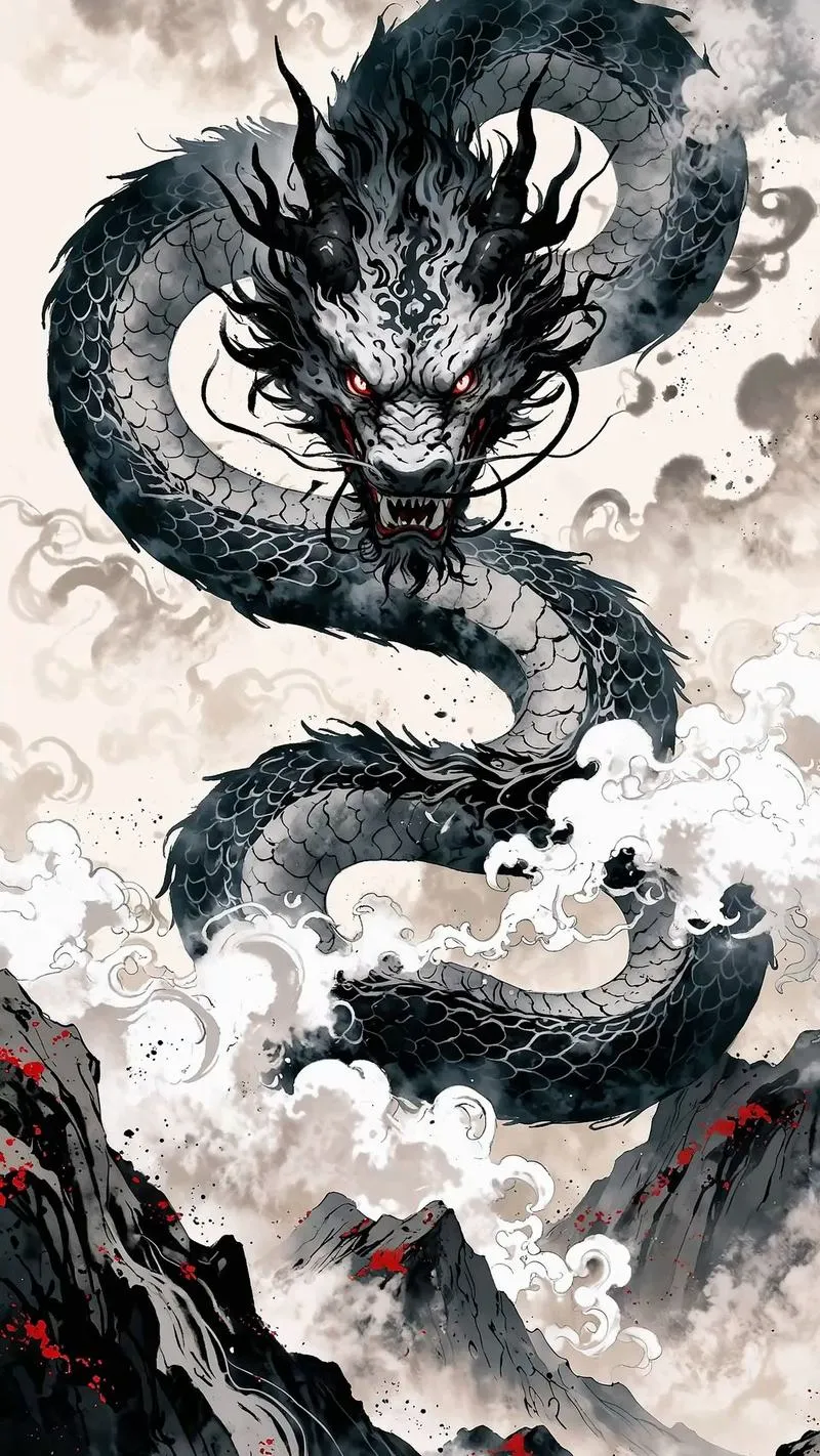 Hình nền rồng mực đen trên nền trắng, sừng lớn nổi bật, nhìn ngầu và mạnh, chuẩn 4K