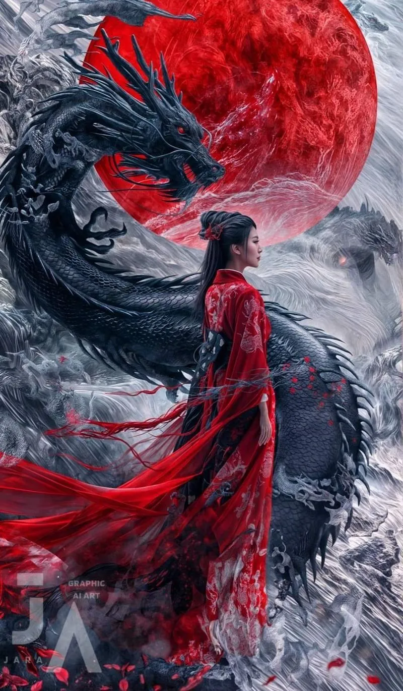 Ảnh nền cô gái áo đỏ và bóng rồng cuộn, trăng đỏ phía sau, đẹp kịch tính, tải ảnh 4K