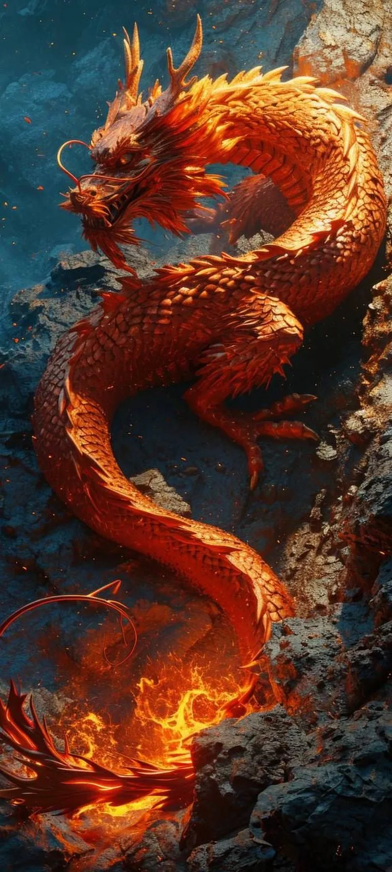 Ảnh nền rồng đỏ cam cuộn lửa, vảy nổi rõ, hợp hình nền điện thoại 4K tạo năng lượng