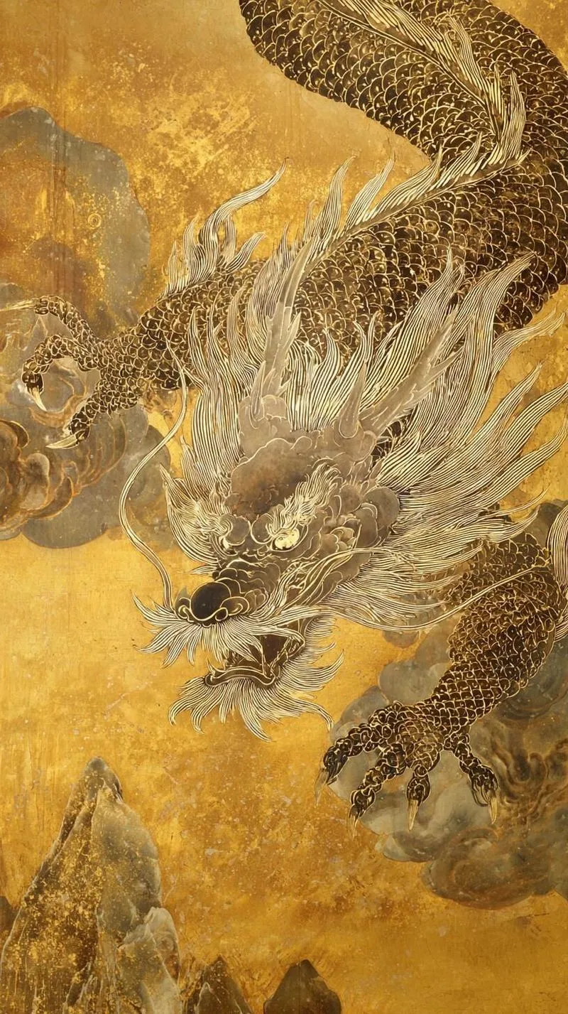 Hình nền rồng vàng bay qua nền đất son, nét mịn, tải ảnh 4K cho màn hình dọc