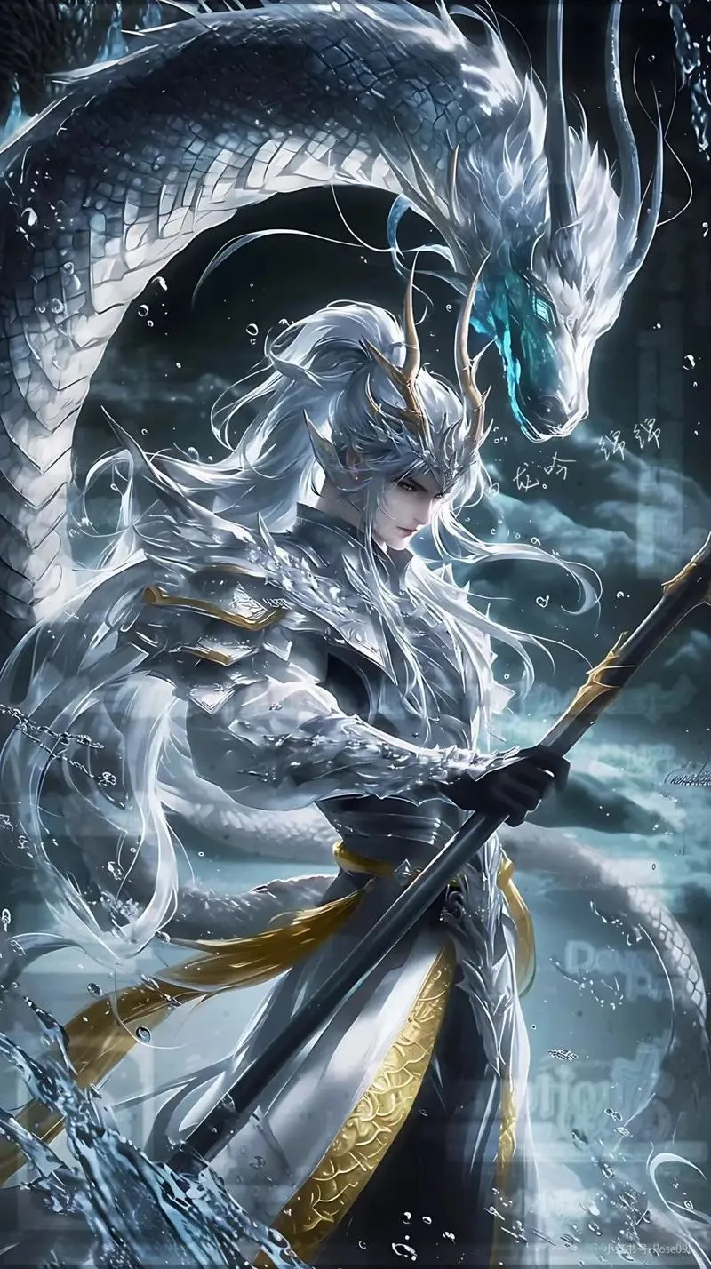 Hình nền 4K tông băng giá, chiến binh cầm vũ khí cùng rồng trắng xanh, đẹp và lạnh ngầu