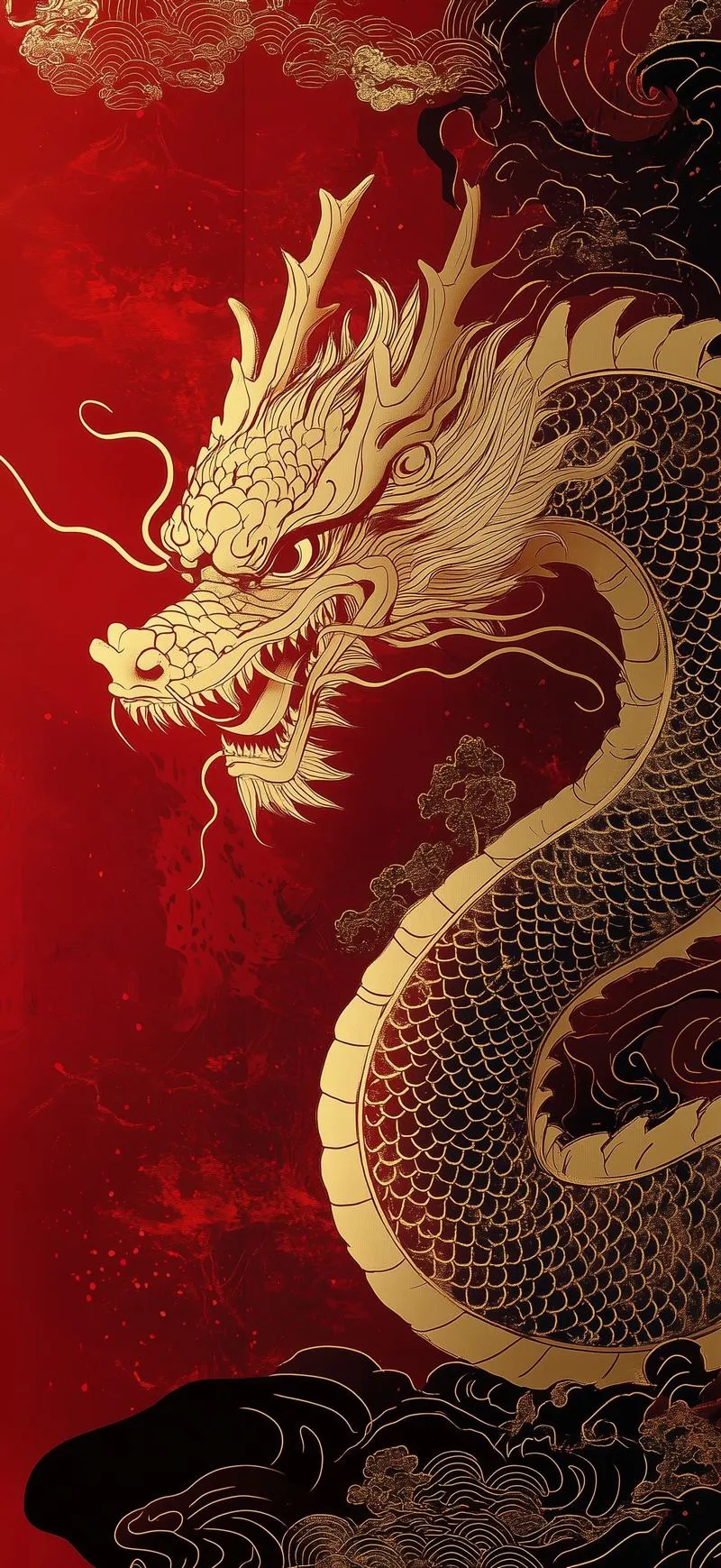 Hình nền điện thoại rồng vàng trên nền đỏ, bố cục trung tâm, nhìn ngầu mà vẫn tinh tế 4K