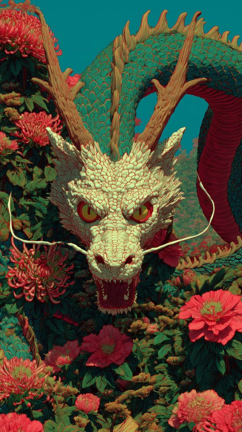 Ảnh nền rồng xanh mắt sáng giữa hoa lá, màu nổi, hợp hình nền 4K tạo cảm giác che chở