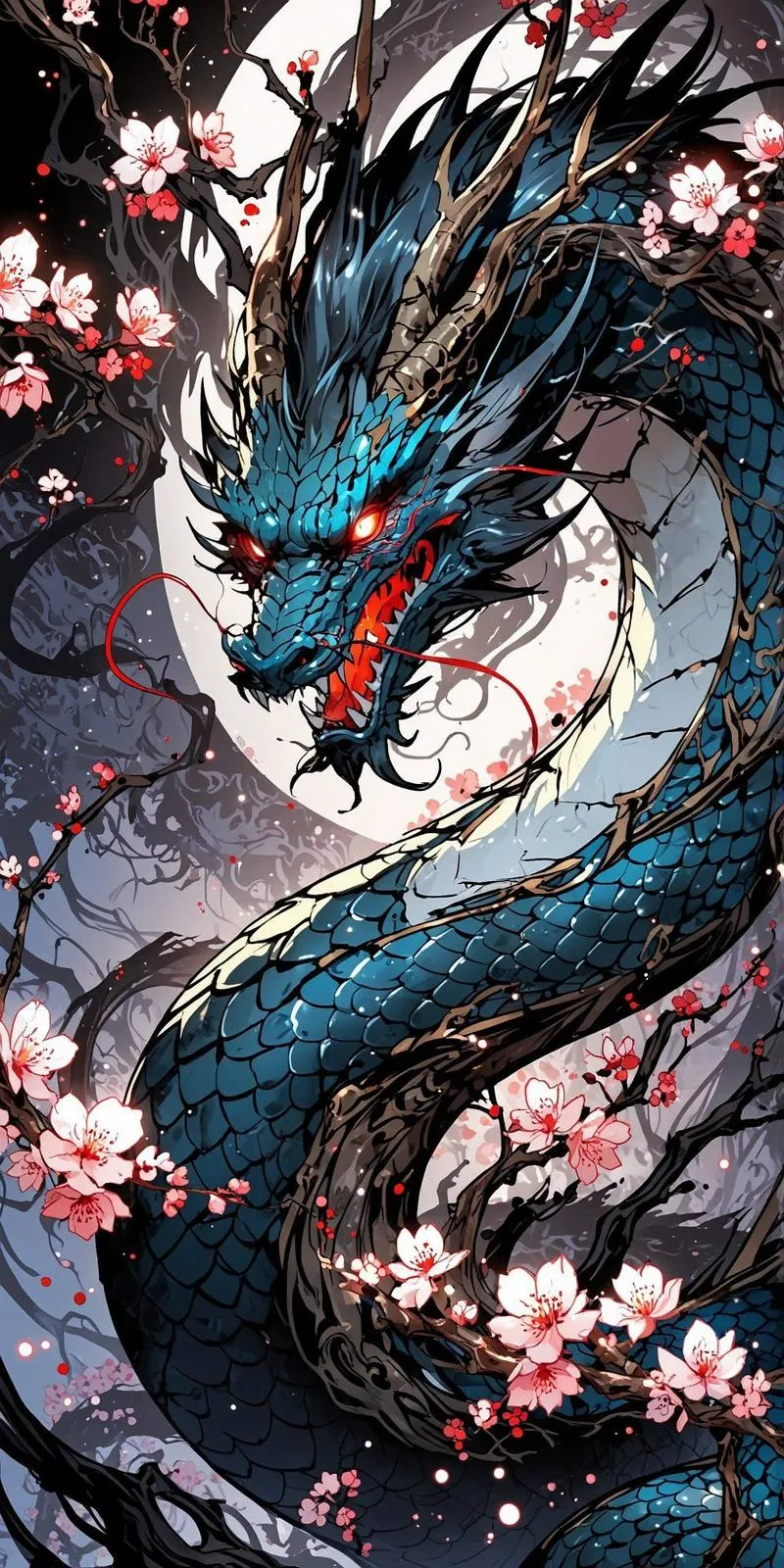 Hình nền rồng xanh lam uốn quanh cành hoa, ánh viền rõ, đẹp kiểu tranh, chuẩn 4K