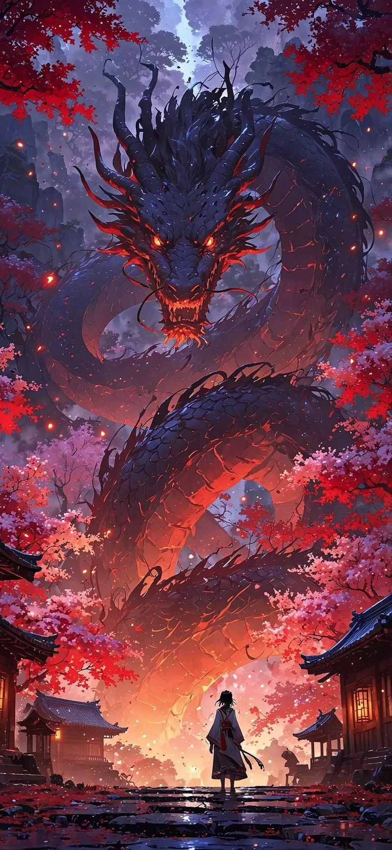 Hình nền 4K rồng đen đỏ trên trời hoàng hôn, có bóng người nhỏ, cảm giác kịch tính ngầu