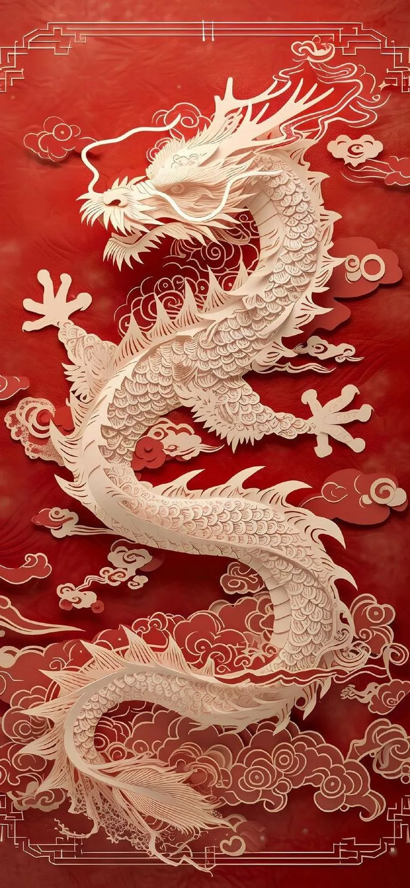 Hình nền rồng trắng nền đỏ, đường nét nổi khối, nhìn sạch và đẹp, hợp điện thoại 4K