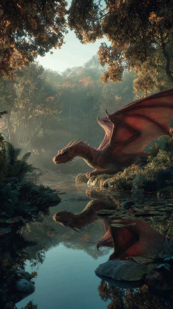 Tải ảnh 4K rồng bay qua khe núi và dòng sông, cánh lớn mở rộng, phông nền đẹp giàu chiều sâu