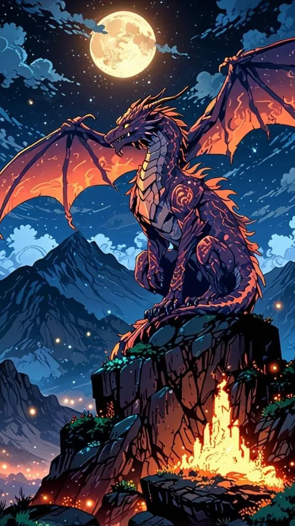 Hình nền 4K rồng đậu trên mỏm đá dưới trăng, lửa trại nhỏ, không khí ngầu mà cô độc