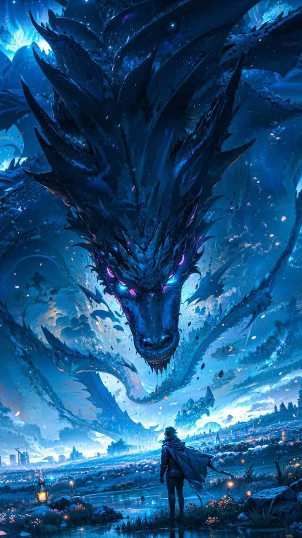 Ảnh nền 4K rồng xanh khổng lồ trên băng giá, người đứng nhỏ phía trước, cảm giác áp lực đẹp