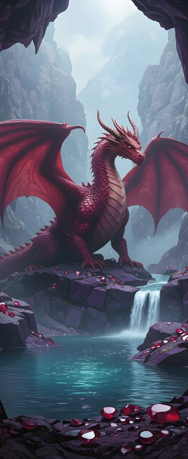 Hình nền điện thoại 4K rồng đỏ dang cánh bên mặt hồ, núi xa mờ, nhìn ngầu kiểu cảnh giới