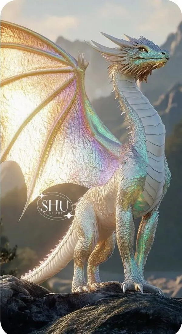 Hình nền 4K rồng trắng vàng đứng thẳng, cánh sáng như lụa, hợp ai thích đẹp sang và thanh