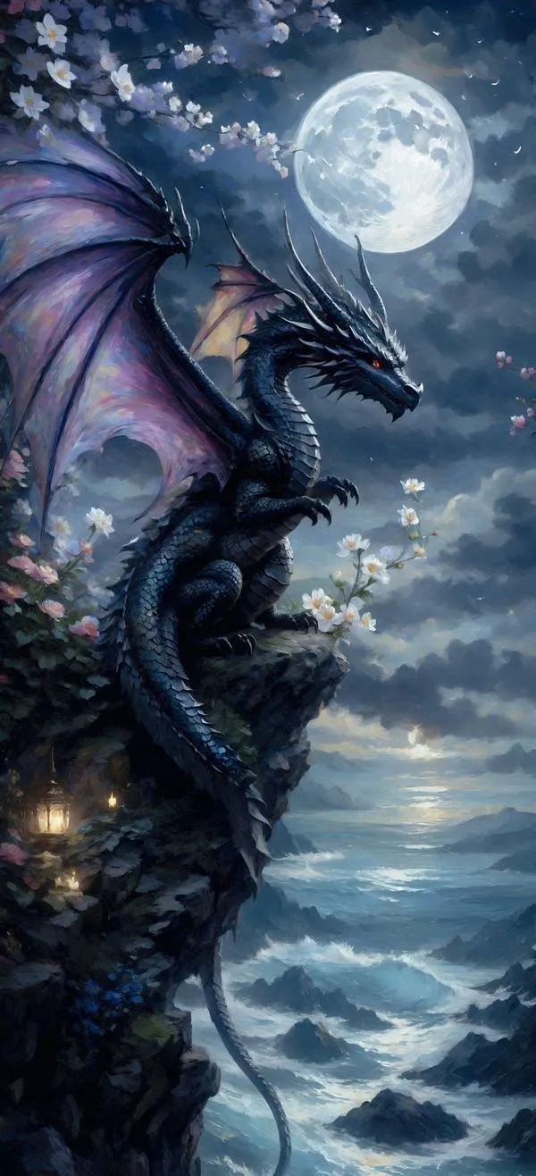 Tải ảnh 4K rồng đen bay trên biển đêm, trăng tròn phía sau, ảnh nền ngầu kiểu trời giông