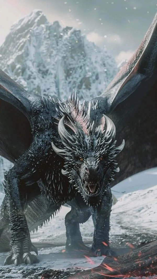 Hình nền 4K rồng băng phục dưới bão tuyết, móng vuốt bám đất, phông nền đẹp và lạnh sắc
