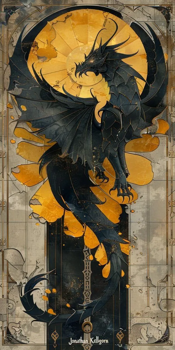 Ảnh nền 4K rồng đen bay quanh trăng vàng, bóng đổ mạnh, hợp phông nền tối giản mà vẫn đẹp