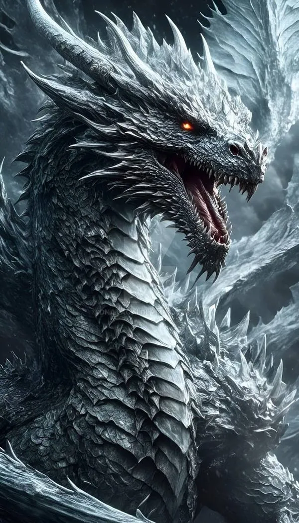 Hình nền 4K rồng băng cận mặt, răng sắc và hơi sương lạnh, nhìn ngầu, hợp màn hình khóa