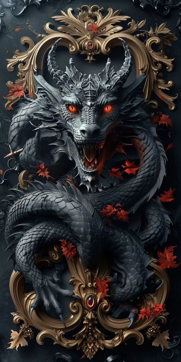 Ảnh nền 4K rồng cuộn trong khung hoa văn cổ, mắt đỏ rực, tạo vibe quyền lực và đẹp sang