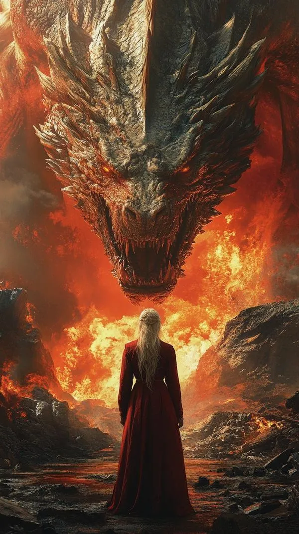 Hình nền 4K rồng khổng lồ sau lưng nhân vật áo choàng, lửa bùng, cảm giác ngầu như phim