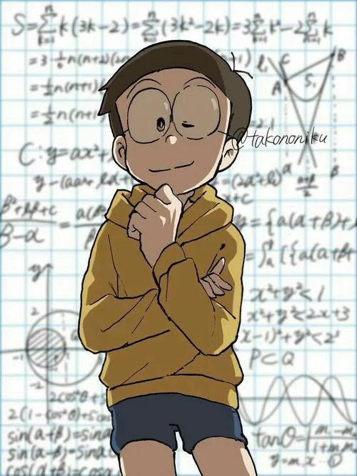 Ảnh fanart Nobita nền công thức, áo nâu, ánh mắt suy tư, hợp mood lạnh khi học khuya