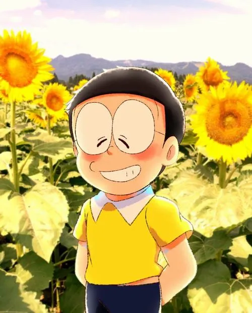 Hình nền anime Nobita giữa cánh đồng hướng dương, mắt nhắm cười, nhưng tông màu vẫn trầm và gọn