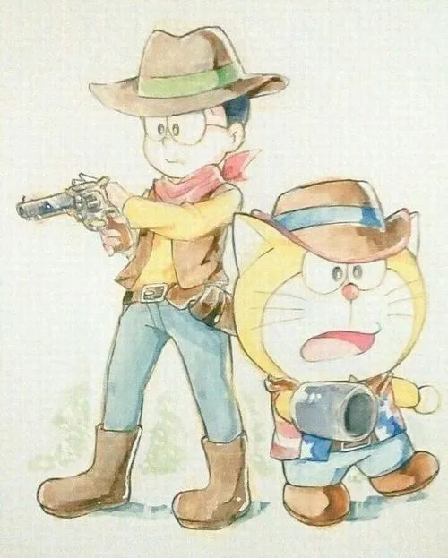 Ảnh fanart Nobita phong cách cao bồi, đường nét nhẹ, thần thái bình tĩnh, ngầu kiểu cổ điển