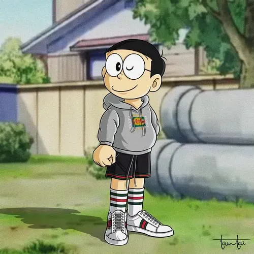 Hình Nobita street style ngoài ngõ, áo xám, chân sọc, ánh nhìn xa, lạnh và sạch mắt