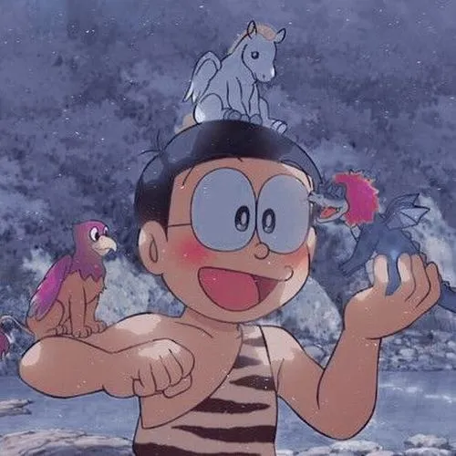 Ảnh Nobita trong hang tối cùng chim, mắt sáng, vibe ngầu kiểu phiêu lưu nhưng không ồn ào