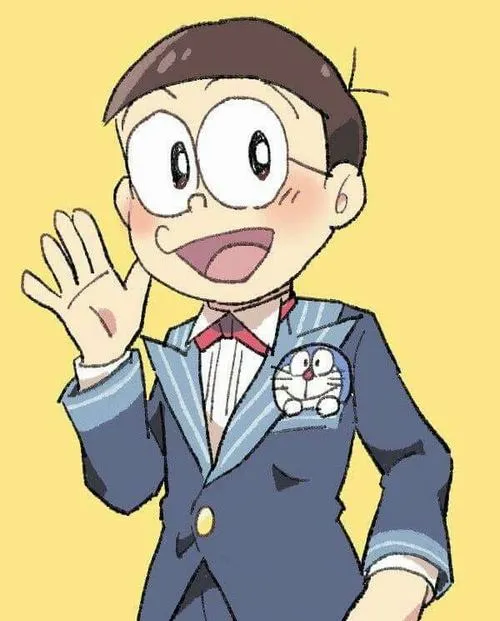Avatar Nobita mặc vest xanh, tay vẫy lịch sự, gương mặt điềm, kiểu ngầu nhẹ đúng chuẩn