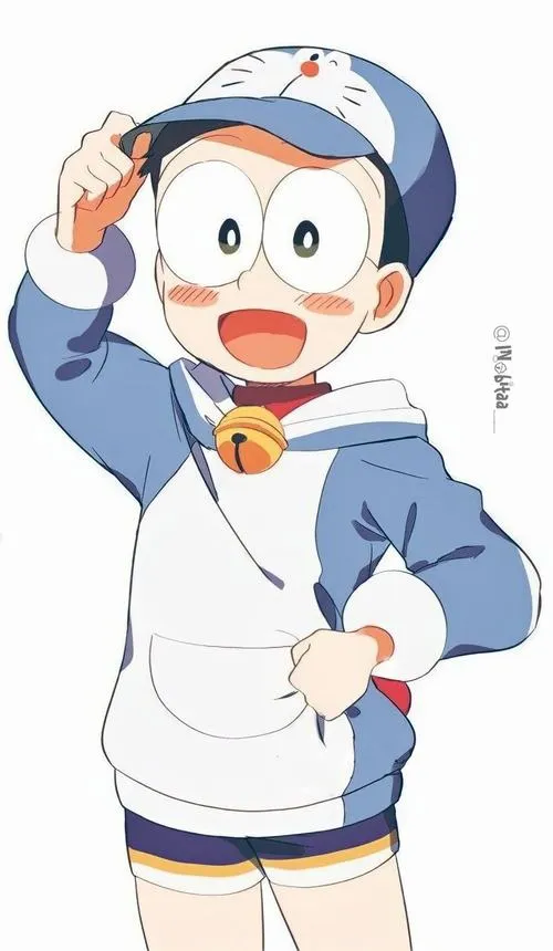 Ảnh fanart Nobita đội mũ, áo hoodie, tay kéo cổ áo, vibe cool ngầu kiểu học đường