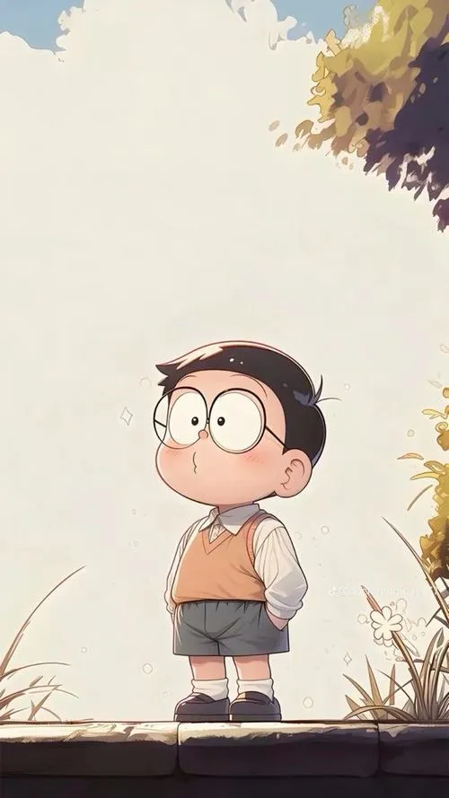 Hình nền Nobita đứng một mình giữa nền trắng, bố cục trống, cảm giác lạnh và cô đơn đẹp