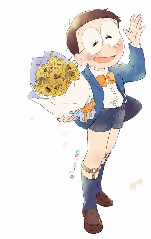 Tải ảnh Nobita bước đi cầm đồ ăn, nụ cười lệch, vibe ngầu kiểu vô tư mà khó đoán