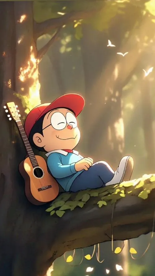 Ảnh fanart Nobita ngủ trên cành cây, ánh nắng xuyên lá, yên lặng ngầu kiểu không cần nói