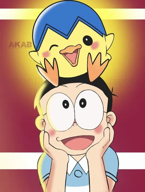Hình nền anime Nobita đội vương miện hài, mắt tròn sốc, vẫn ra chất cool vì màu nền mạnh