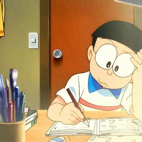 Ảnh Nobita học bài dưới đèn vàng, mặt nghiêm, không khí lạnh và tập trung như đêm ôn thi