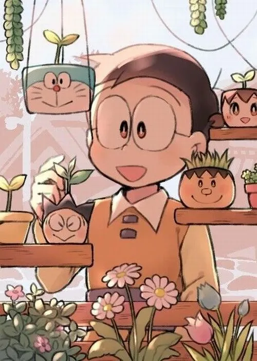 Ảnh fanart Nobita mặc đồ truyền thống, mặt bình thản, nền hoa lá trầm, vibe lạnh lùng tinh tế
