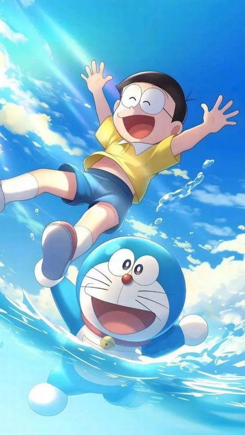 Tải ảnh Nobita rơi giữa nền trời, tay dang rộng, cảm giác liều và ngầu kiểu bay tự do