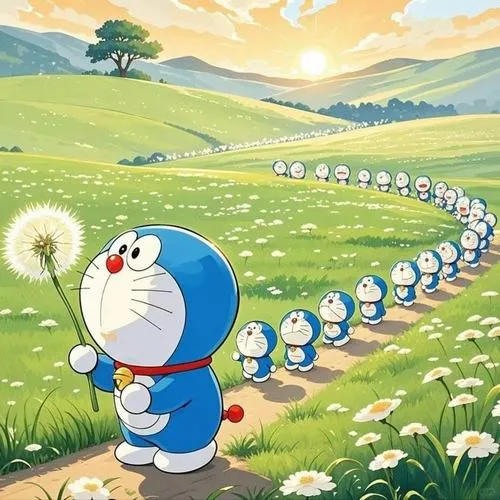 Hình nền Doraemon chibi bước giữa đồng cỏ hoa, mặt hớn hở, mắt long lanh nhìn xa.