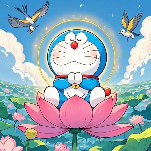 Ảnh fanart Đô Rê Mon ngồi trên sen, cười hiền, nắng vàng và chim bay tạo mood bình yên.