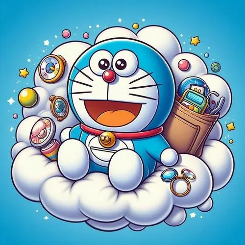 Ảnh đẹp Doremon bay trên mây, miệng cười rộng, mắt sáng rực như đang khoe bảo bối.