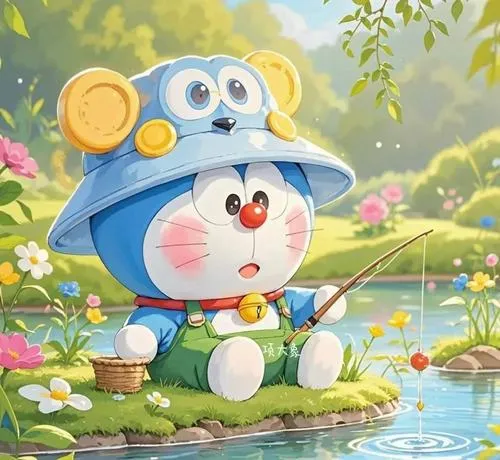 Hình nền điện thoại Doraemon đội mũ thám hiểm, nhìn tò mò, môi chúm chím bên bờ suối.
