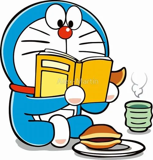 Ảnh bìa Doraemon ngồi đọc sách, mặt chăm chú nghiêm túc, bên cạnh đồ ăn trông rất hài.