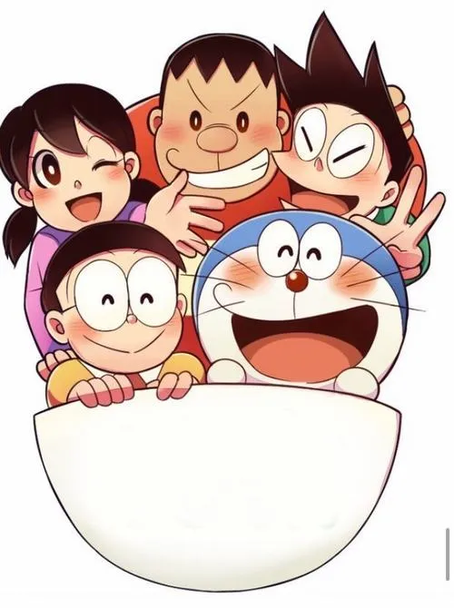 Hình Doraemon và bạn bè chui trong chiếc bát, cười to, ánh mắt tinh nghịch đầy năng lượng.