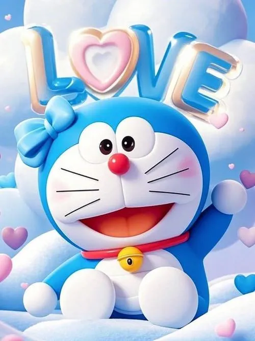Ảnh đẹp Doraemon giữa nền chữ Love, mắt tròn ngây thơ, nụ cười nhẹ kiểu đang thả thính.